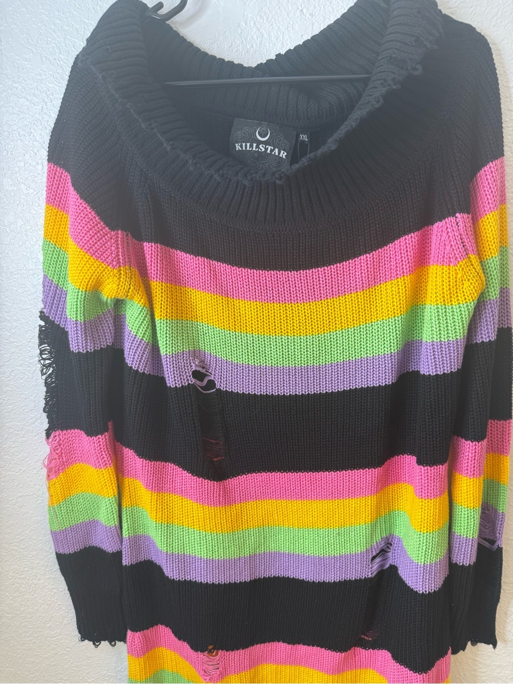 Killstar Good Vibes Knit Sweater Dress Rainbow Distressed Off Shoulder NWT XXL - Picture 5 of 13